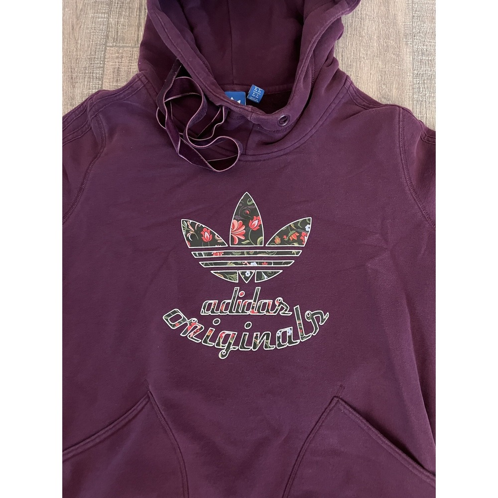 Adidas Youth XL Hoodie Sweatshirt Purple Floral Drawstring Pullover - Picture 2 of 4